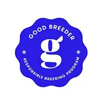 A blue badge with the words " good breeder responsible breeding program ".